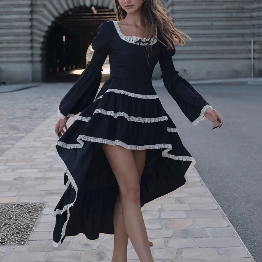 Lace Made Black Lace-Trim Maxi Dress with Bell Sleeves - Picture 2 of 3
